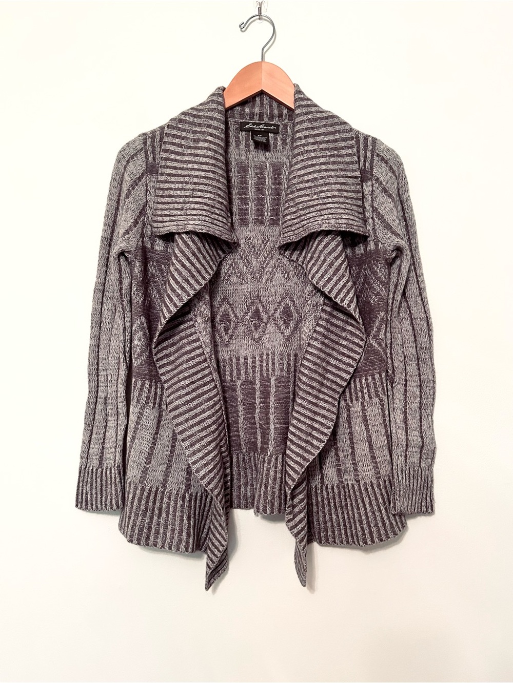 Eddie Bauer Marled Brown/Gray Southwest Pattern Open Front Drape Neck Cardigan